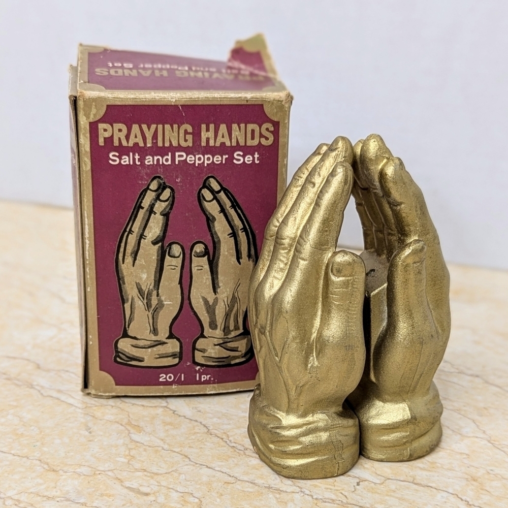 Vintage Praying Hands Salt & Pepper Set Shakers Gold Tone Original Box